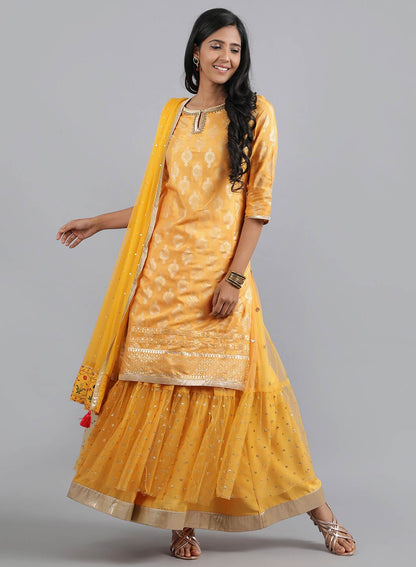 Mustard Yellow Round Neck Printed kurta