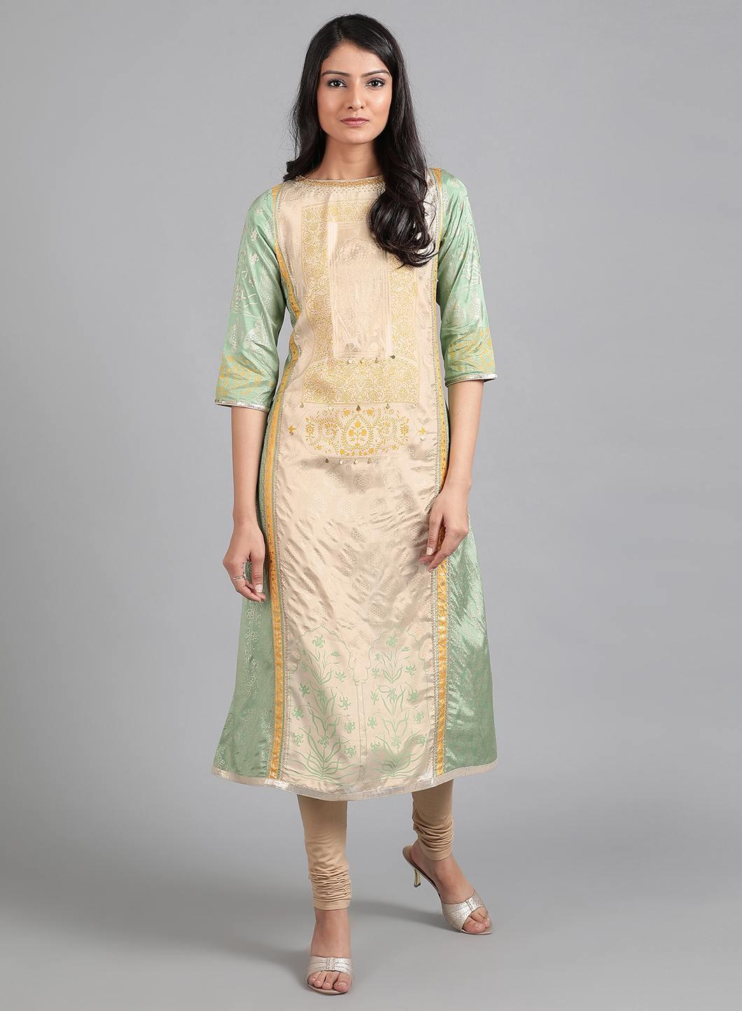 Green Round Neck Printed kurta - wforwoman