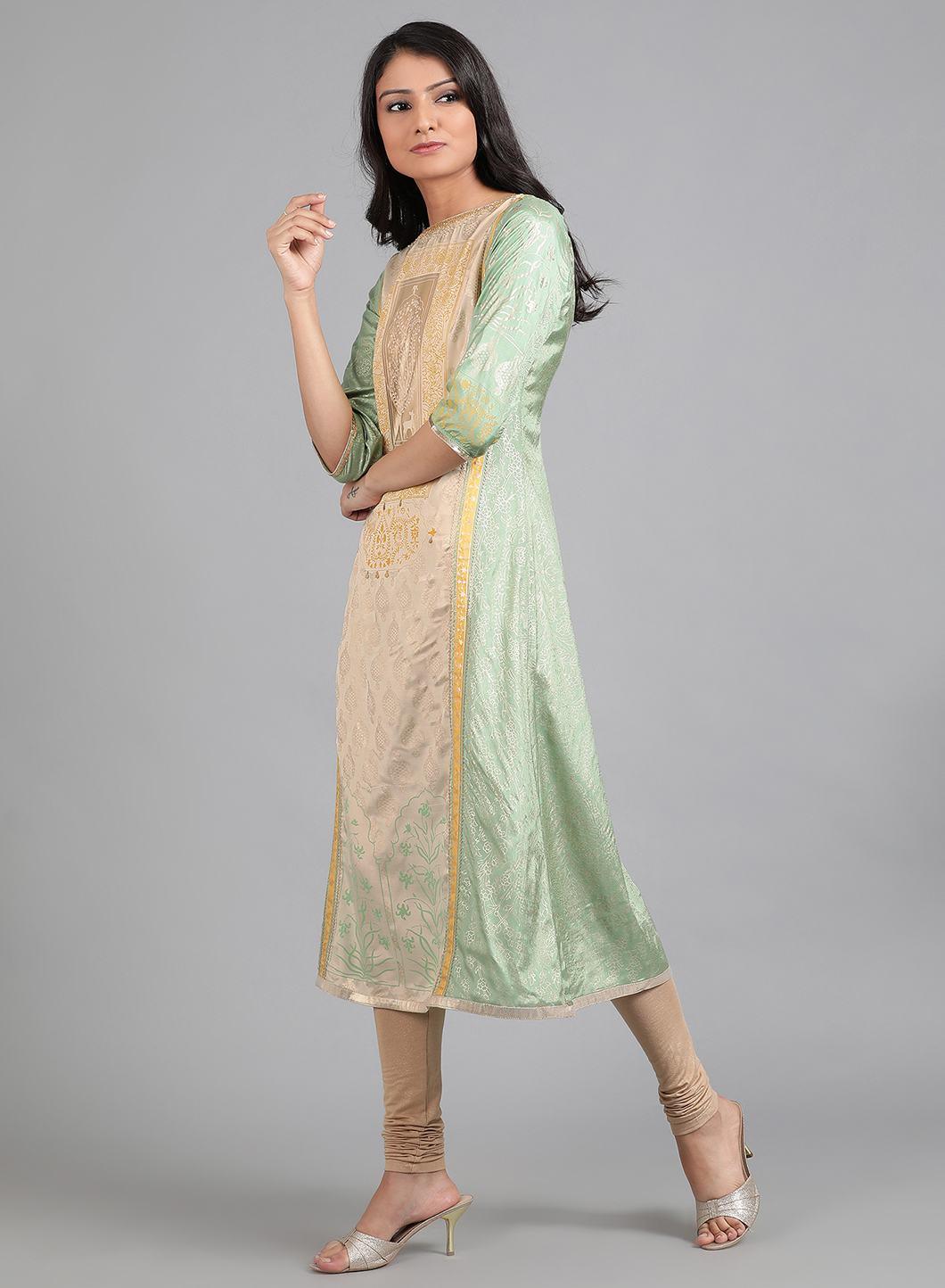 Green Round Neck Printed kurta - wforwoman