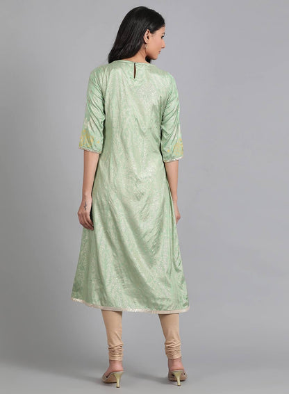 Green Round Neck Printed kurta - wforwoman