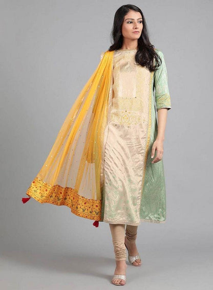 Green Round Neck Printed kurta - wforwoman