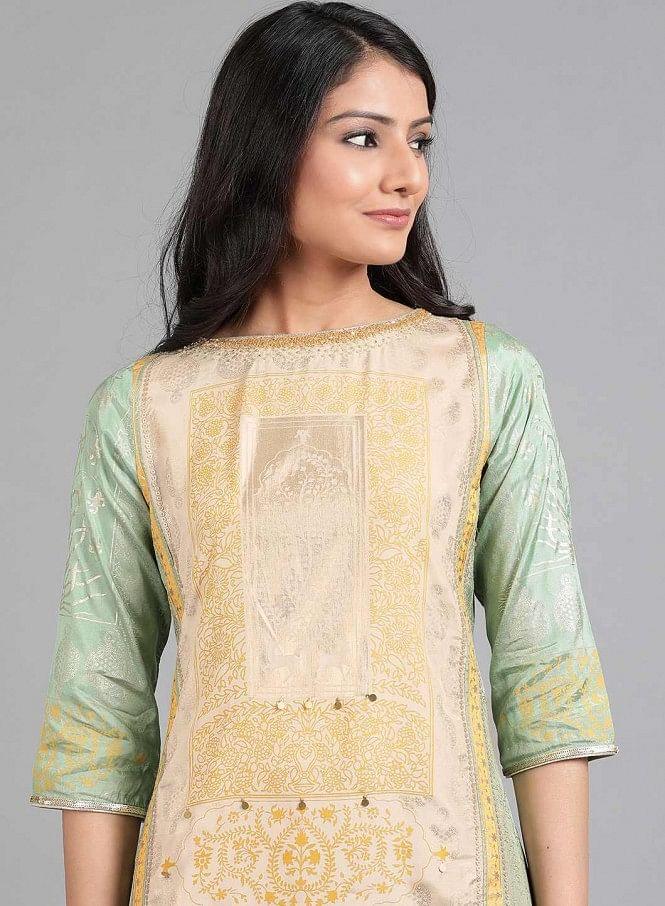 Green Round Neck Printed kurta - wforwoman