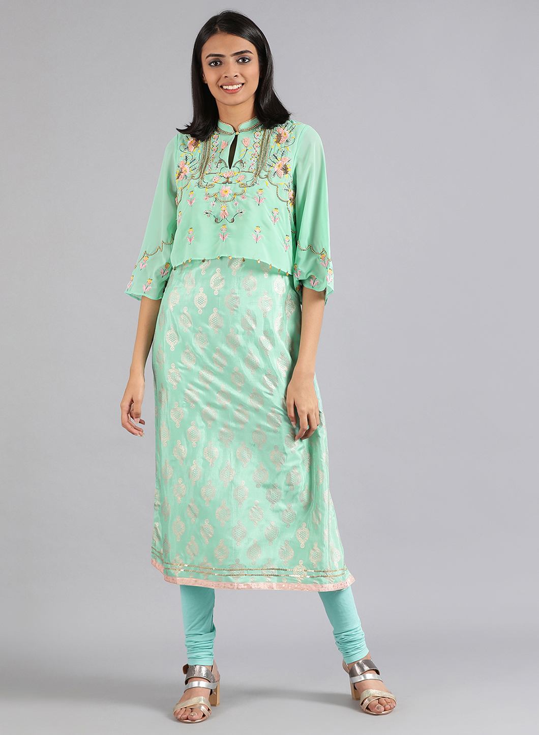 Green Mandarin Neck Floral Print kurta