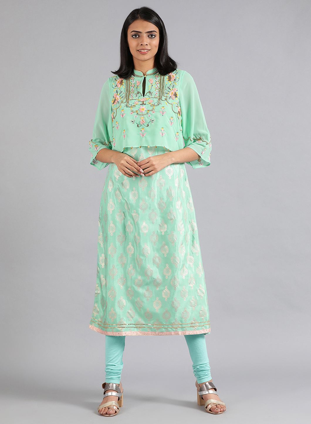 Green Mandarin Neck Floral Print kurta