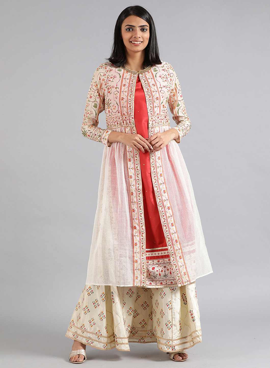 Off-White Round Neck Layered kurta