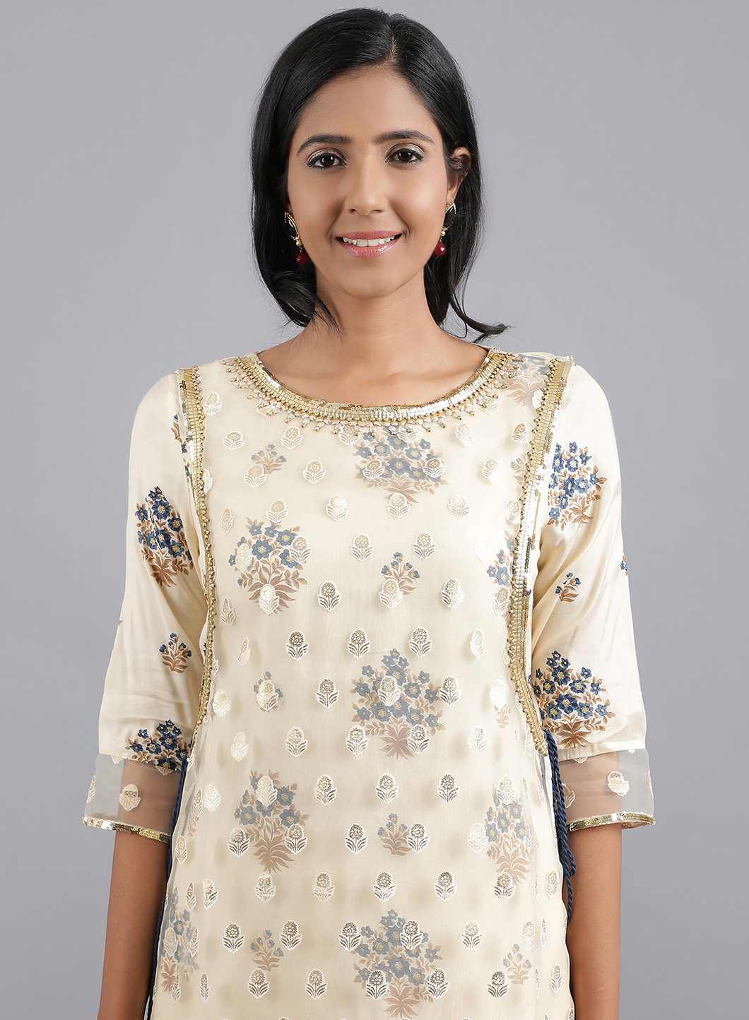 Off-White Round Neck Layered kurta - wforwoman