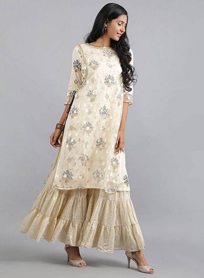 Off-White Round Neck Layered kurta - wforwoman