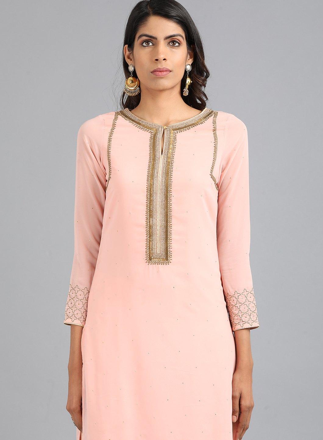 Pink Round Neck Solid kurta - wforwoman