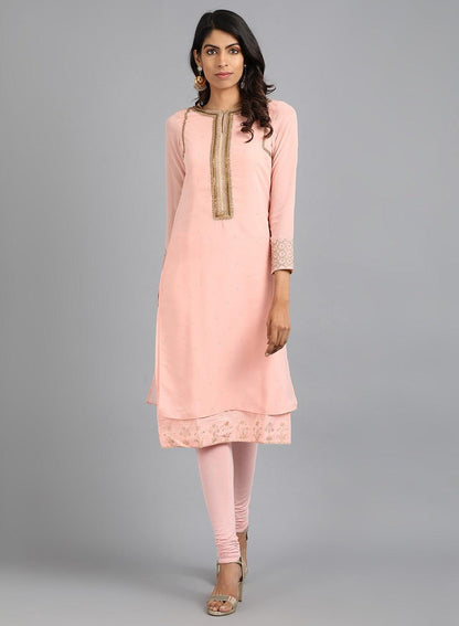 Pink Round Neck Solid kurta - wforwoman