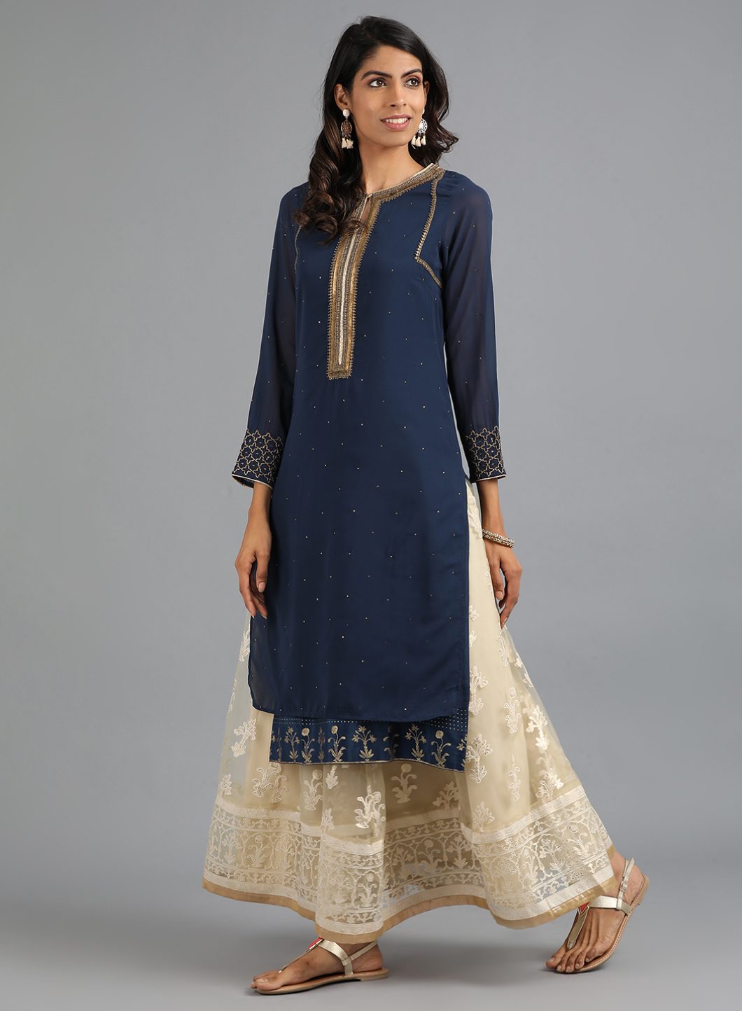 Blue Round Neck Solid kurta