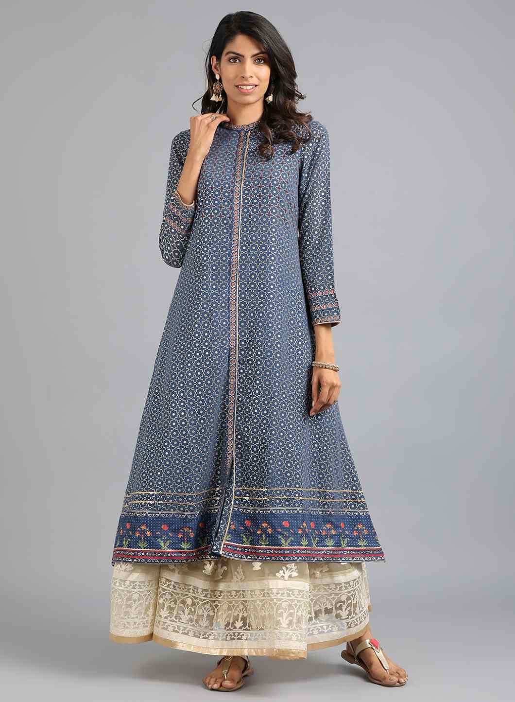 Blue Round Neck Solid kurta