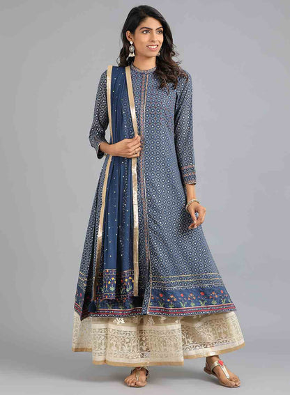 Blue Round Neck Solid kurta