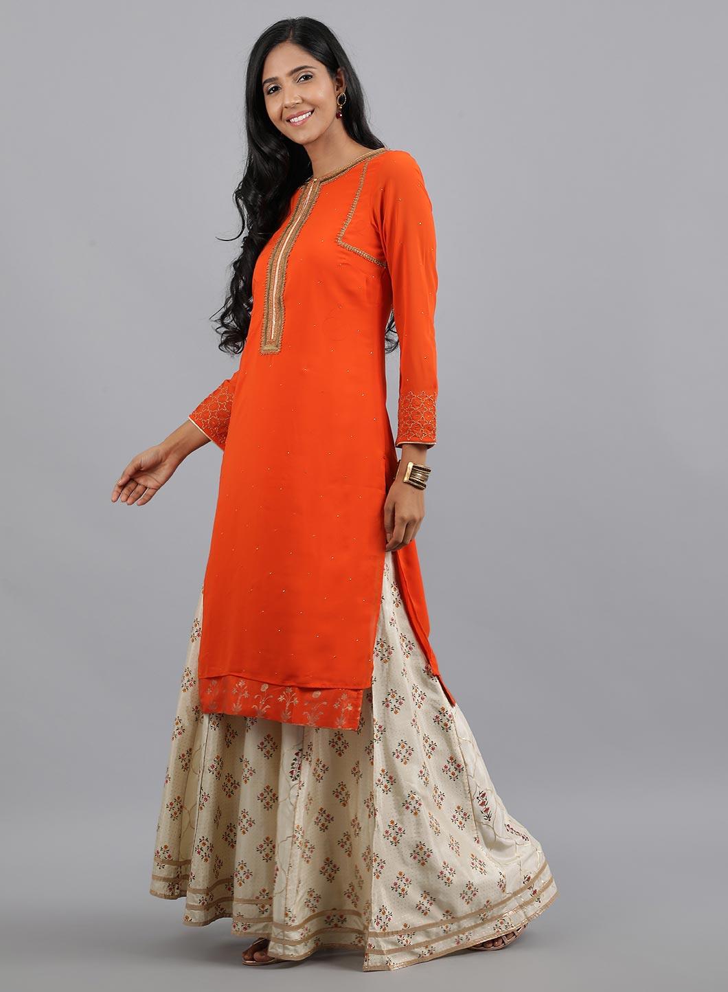 Orange Round Neck Solid kurta - wforwoman