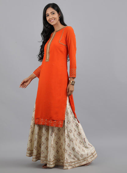 Orange Round Neck Solid kurta - wforwoman