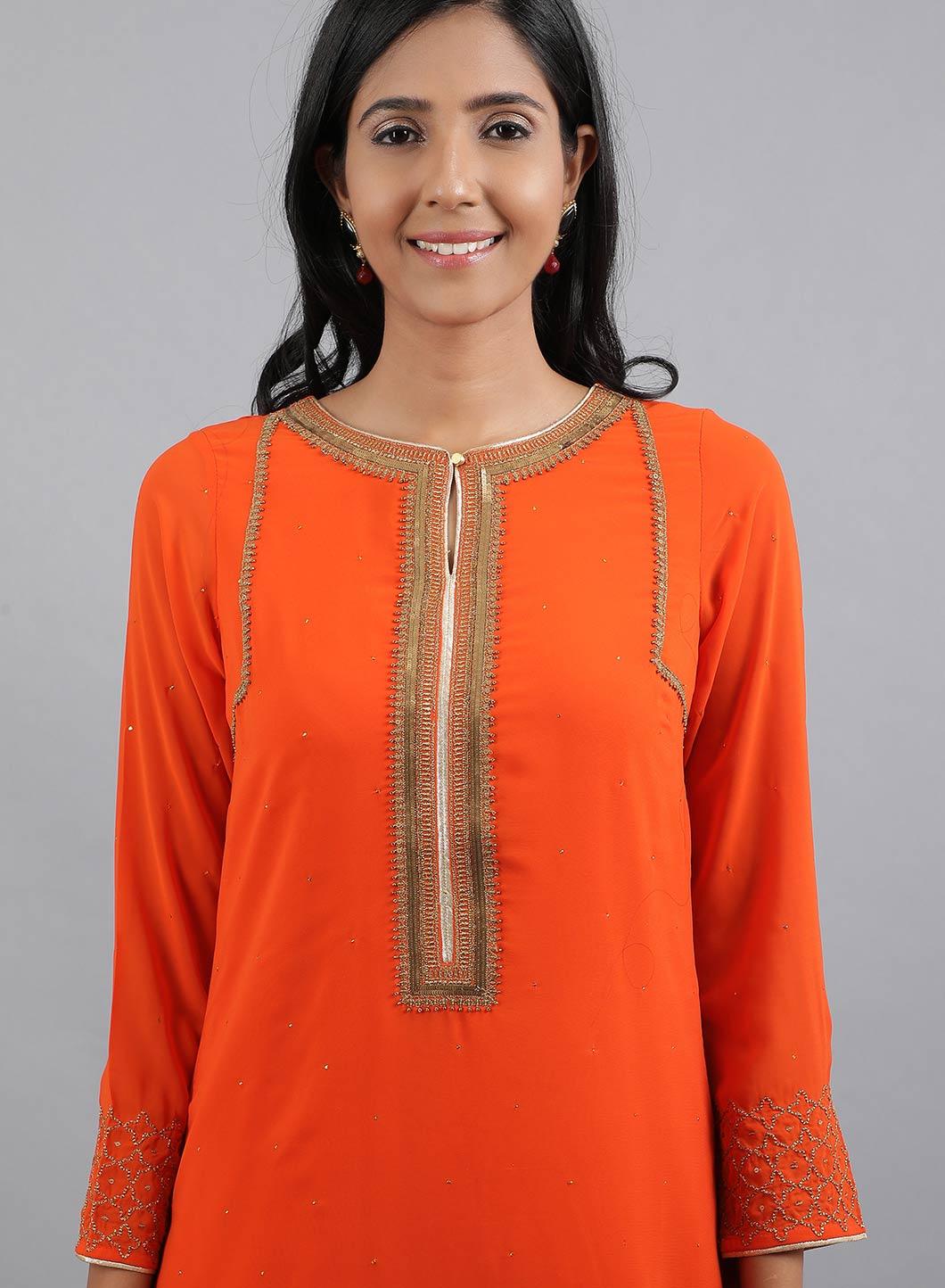 Orange Round Neck Solid kurta - wforwoman