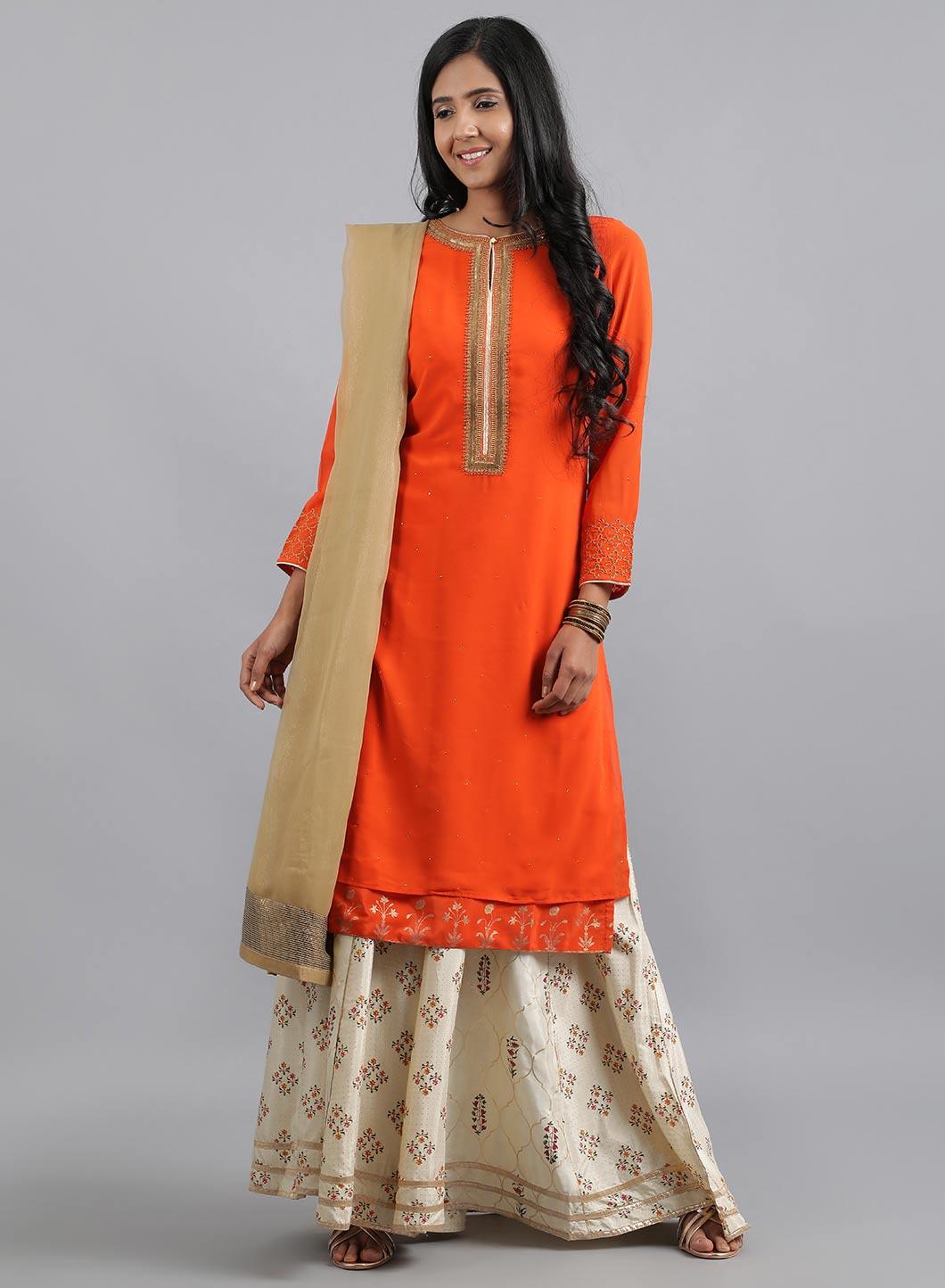 Orange Round Neck Solid kurta - wforwoman