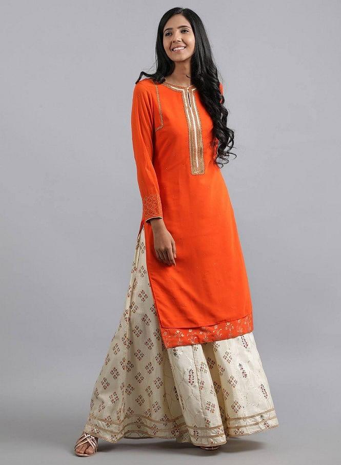 Orange Round Neck Solid kurta - wforwoman