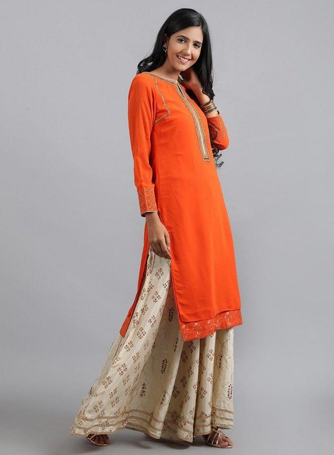 Orange Round Neck Solid kurta - wforwoman