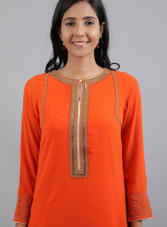 Orange Round Neck Solid kurta - wforwoman