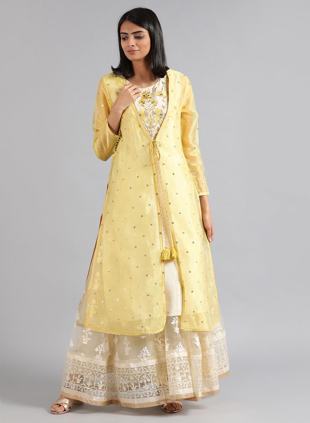 Yellow Round Neck Embroidered kurta