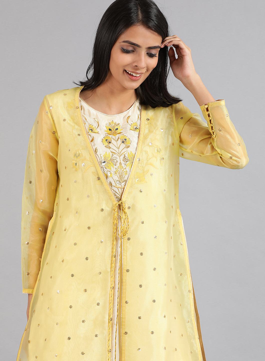 Yellow Round Neck Embroidered kurta