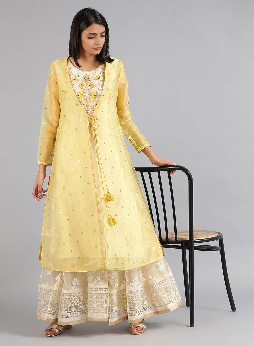 Yellow Round Neck Embroidered kurta