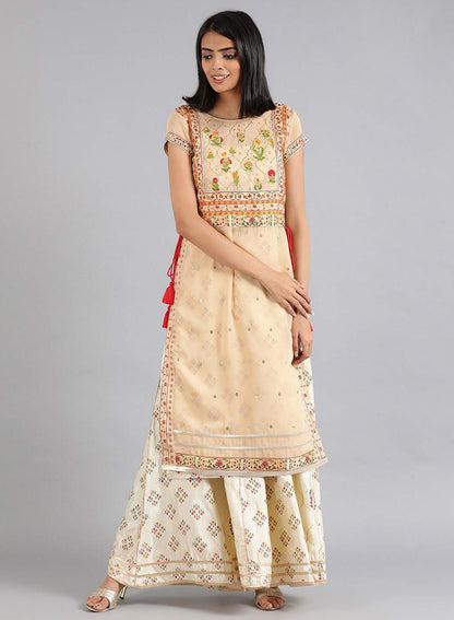 Beige Round Neck Embroidered kurta