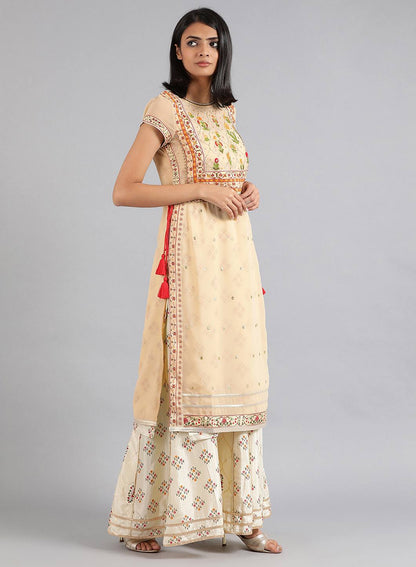 Beige Round Neck Embroidered kurta