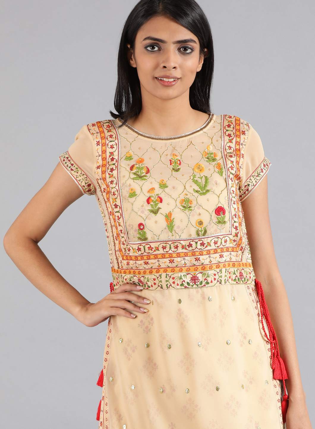 Beige Round Neck Embroidered kurta