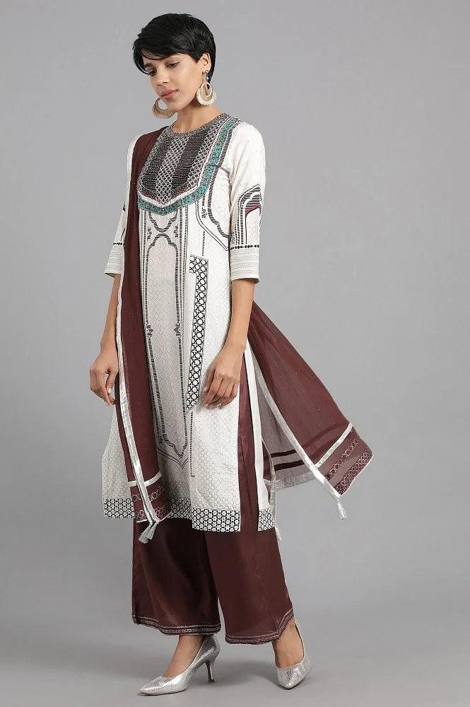 Ecru Round Neck Printed kurta - wforwoman