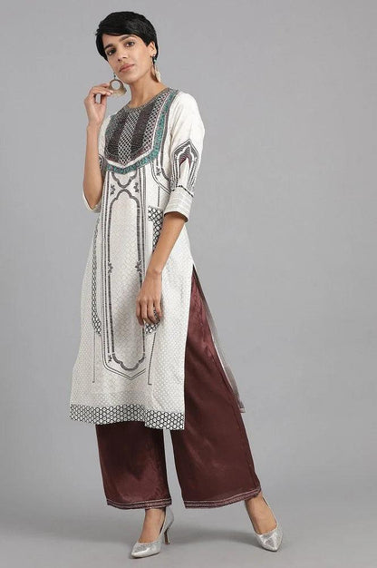 Ecru Round Neck Printed kurta - wforwoman