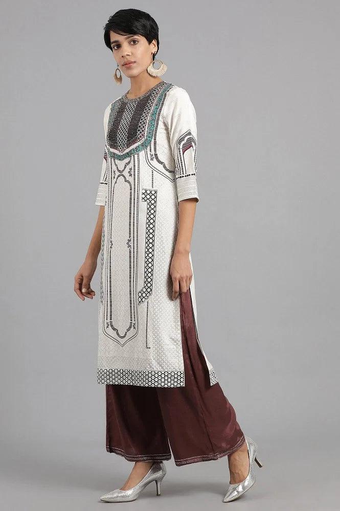 Ecru Round Neck Printed kurta - wforwoman