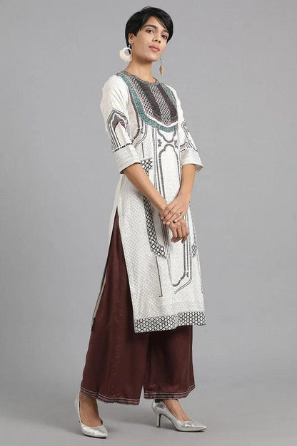 Ecru Round Neck Printed kurta - wforwoman