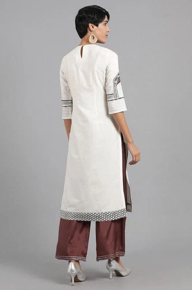 Ecru Round Neck Printed kurta - wforwoman