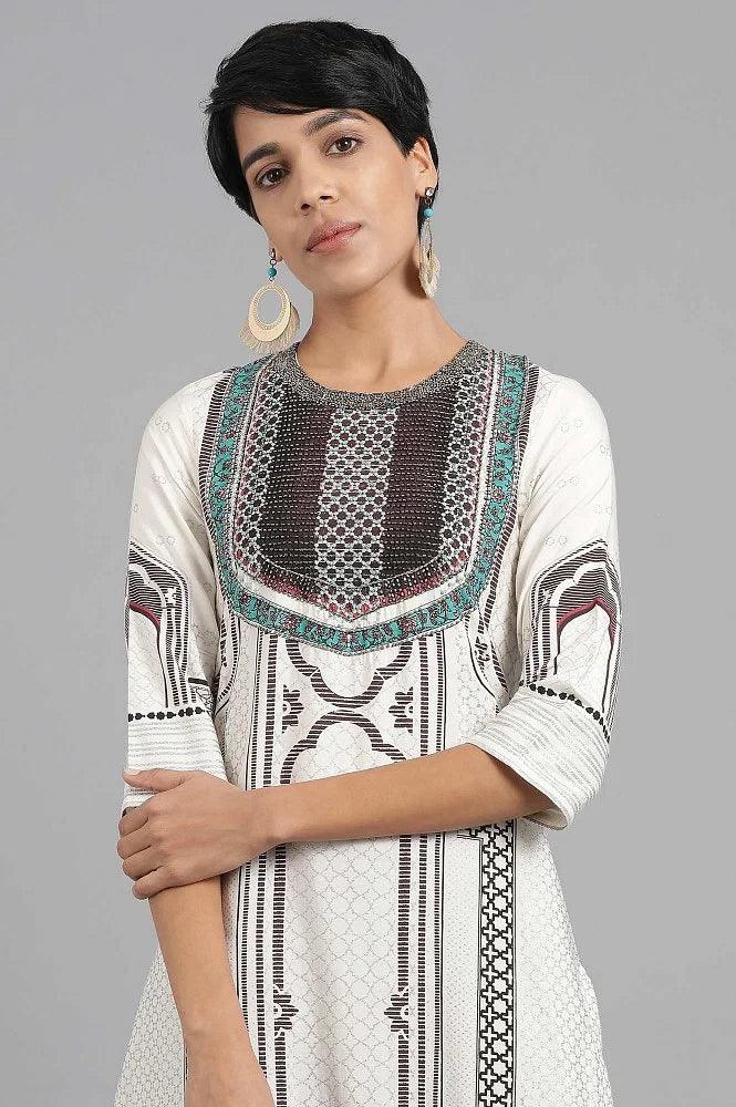 Ecru Round Neck Printed kurta - wforwoman