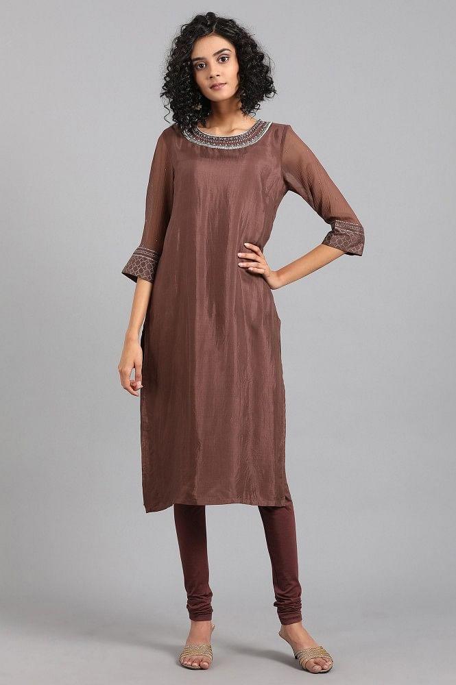 Brown Round Neck Solid kurta - wforwoman