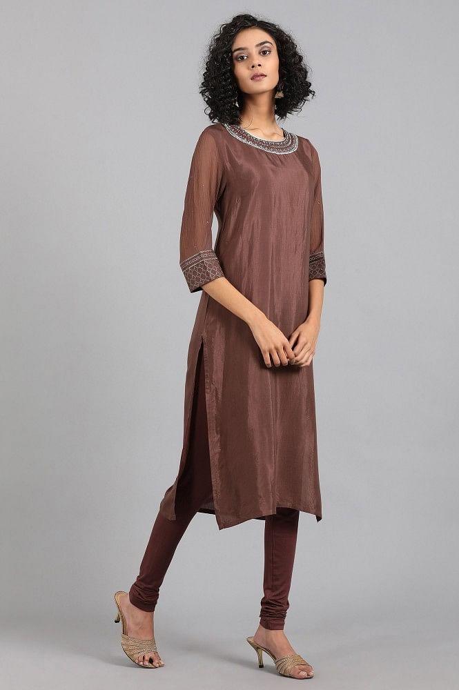 Brown Round Neck Solid kurta - wforwoman