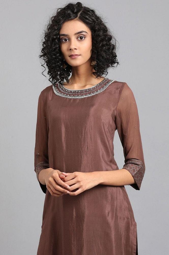 Brown Round Neck Solid kurta - wforwoman