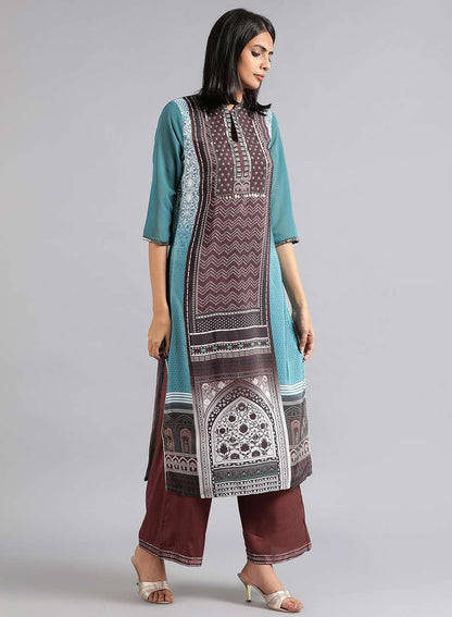 Green &amp; Brown Mandarin Neck kurta - wforwoman