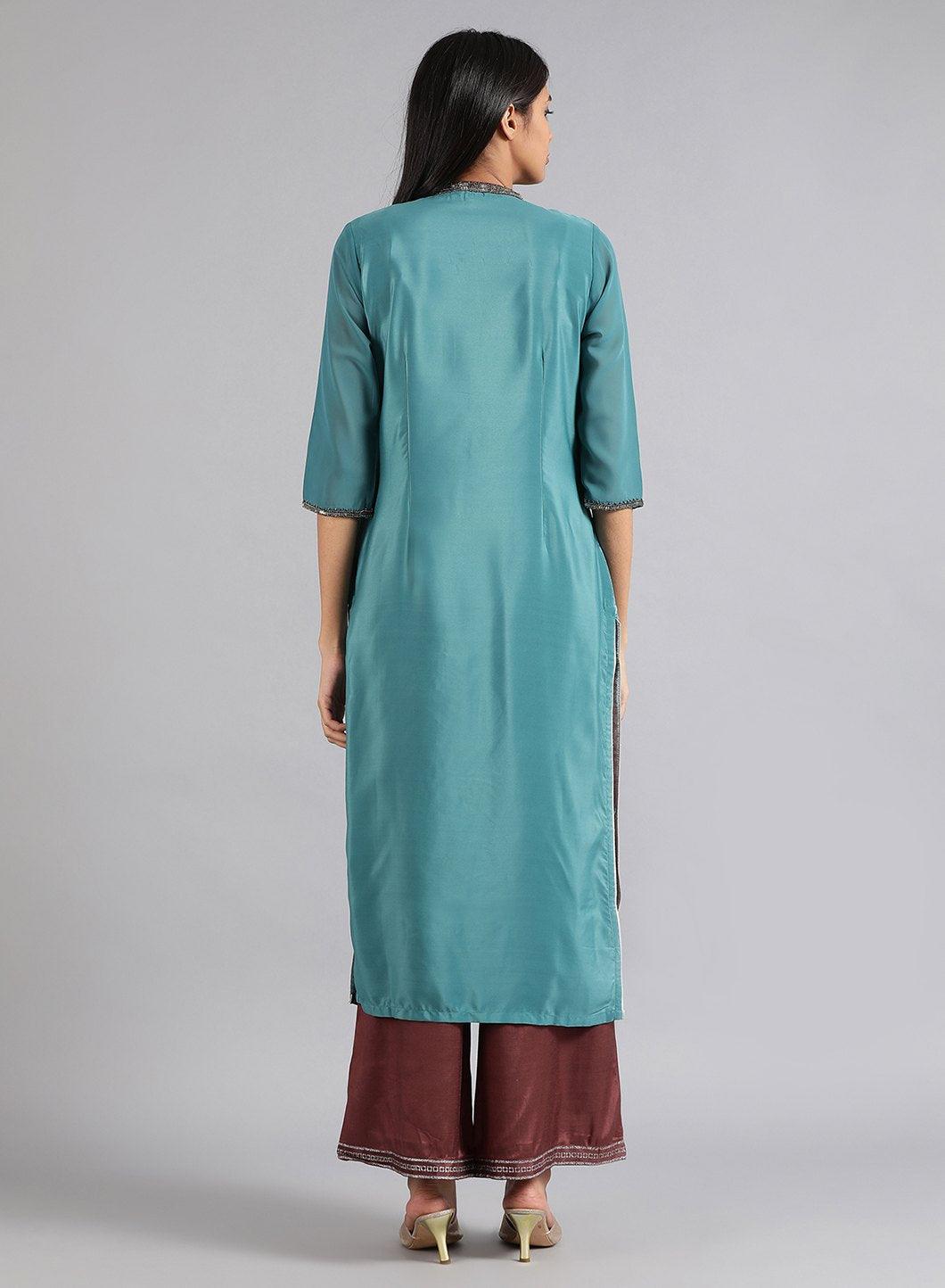 Green &amp; Brown Mandarin Neck kurta - wforwoman