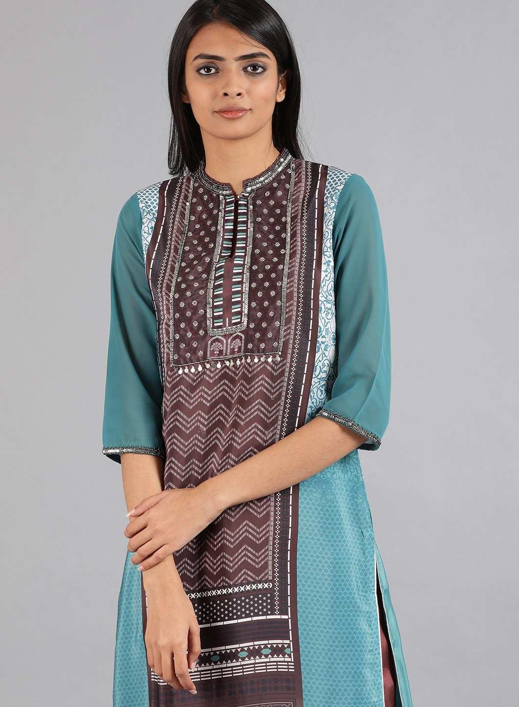 Green &amp; Brown Mandarin Neck kurta - wforwoman