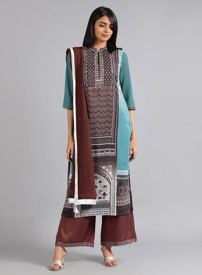 Green &amp; Brown Mandarin Neck kurta - wforwoman