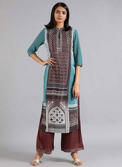 Green &amp; Brown Mandarin Neck kurta - wforwoman