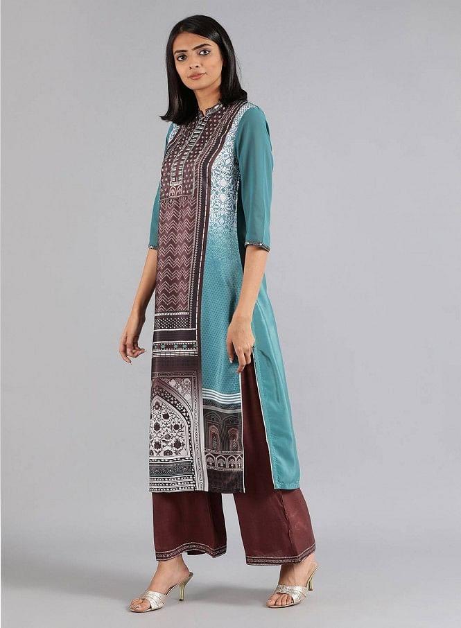 Green &amp; Brown Mandarin Neck kurta - wforwoman