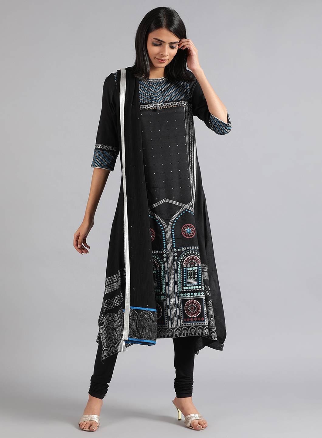 Black Round Neck Glitter Print kurta - wforwoman