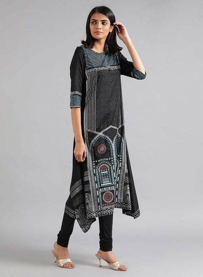 Black Round Neck Glitter Print kurta - wforwoman