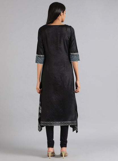 Black Round Neck Glitter Print kurta - wforwoman