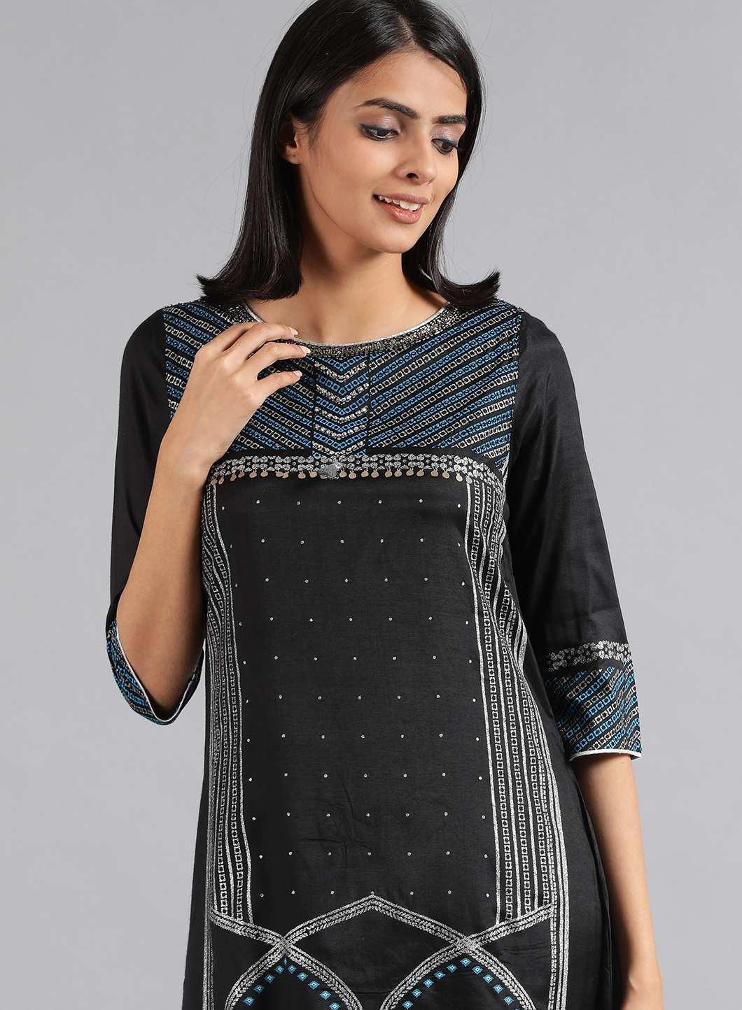 Black Round Neck Glitter Print kurta - wforwoman