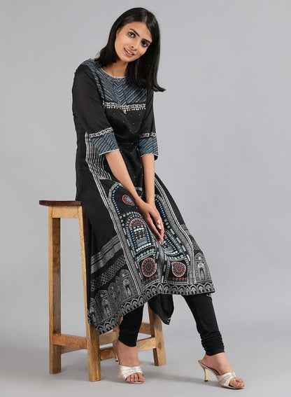 Black Round Neck Glitter Print kurta - wforwoman