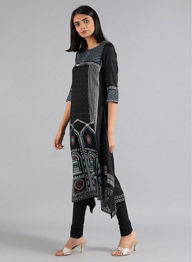 Black Round Neck Glitter Print kurta - wforwoman